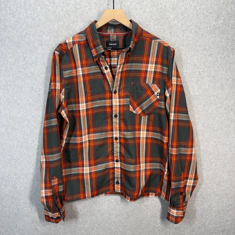 Marmot Doheny Mens M Orange Gray Plaid‎ Long Sleeve Button Down Flannel Shirt